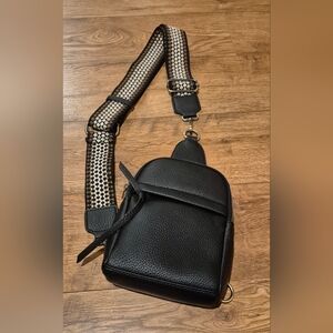 SG SUGU Sara Double Compartmemt Black Crossbody Sling Bag with Patterned Strap